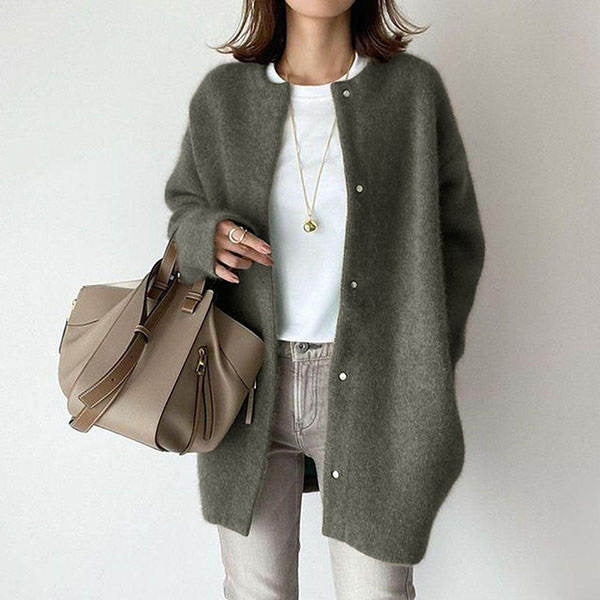 Loose Round Neck Single Breasted Cardigan - Fashion Solid Color Coat Jacket Autumn And Winter Women's Clothing