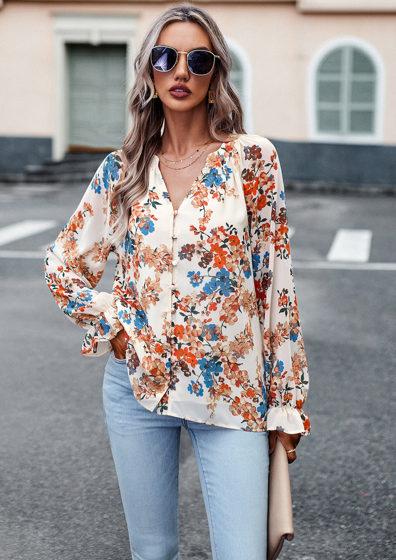 Women Floral Casual V Neck Long Sleeve Shirt - Loose Chiffon Blouses Shirts Tops