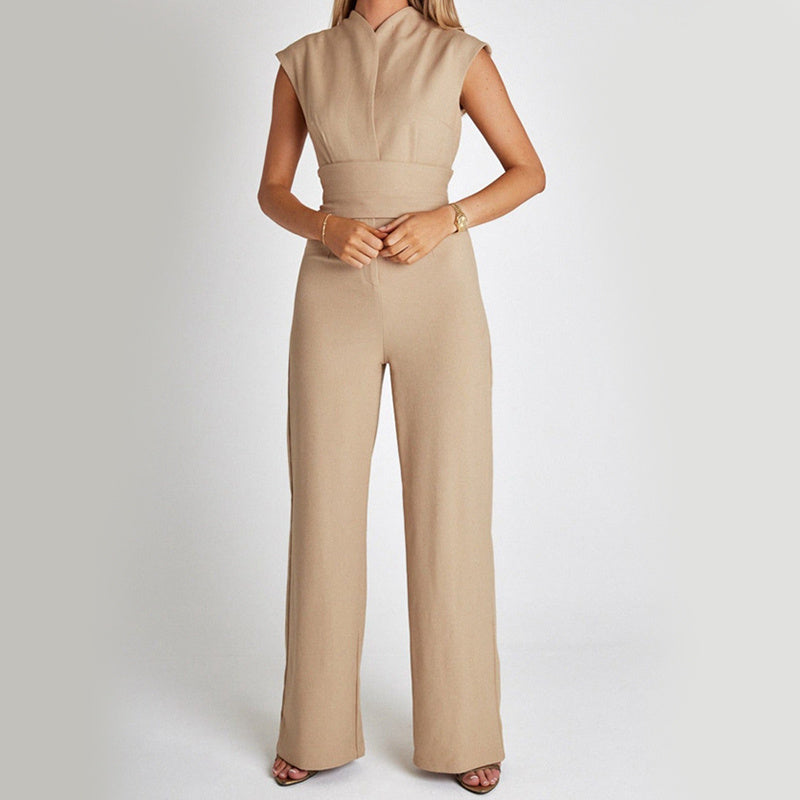 Elegant Long Sleeveless Jumpsuit - Summer V-neck Casual Wide Leg Long Overalls Clothing For Women