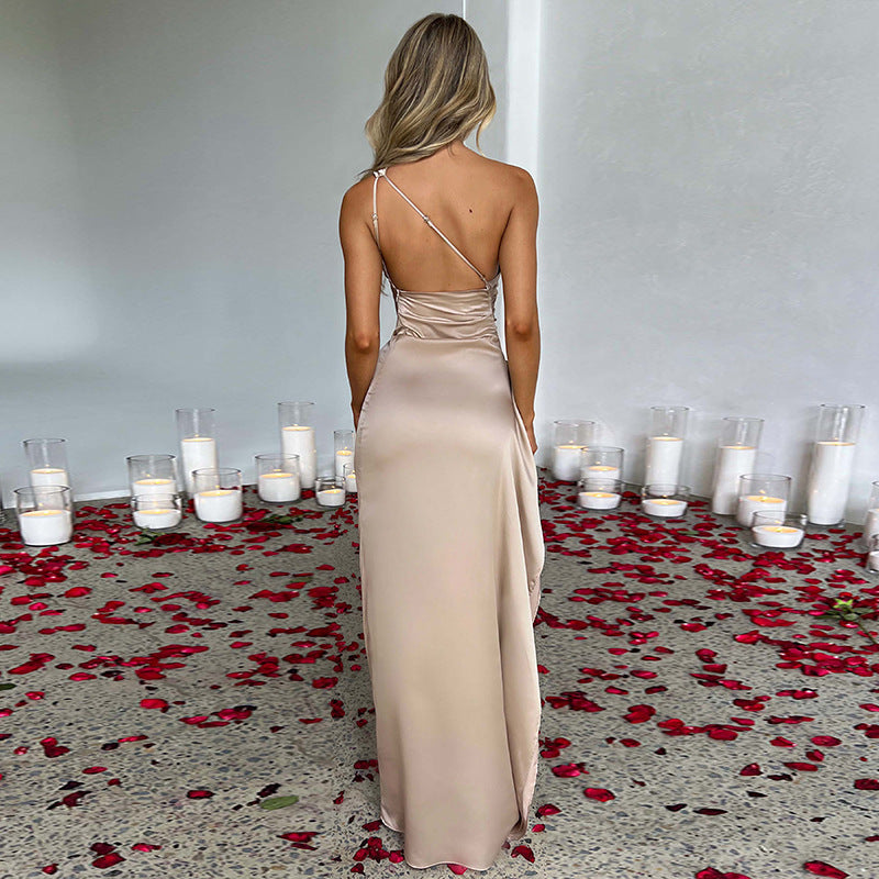 Sexy One-shoulder Backless Slit Dress - Summer Elegant Slim-fit Solid Color Satin Dresses For Women