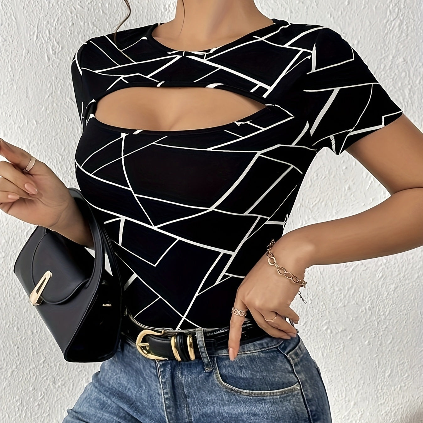 Geometric Print Front Hollowed Top - Ladies' Geometric Print Design Casual Style Hollowed Out Front Collar Round Neck Shoulder T-shirt Top