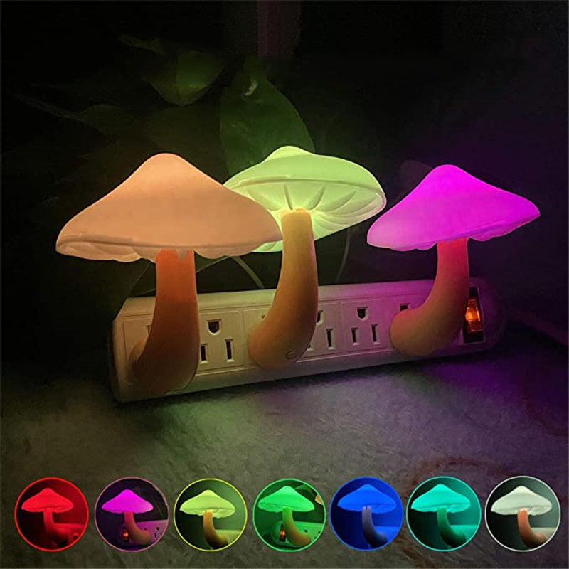 LED Night Light Mushroom Wall Socket Lamp - EU US Plug Warm White Light-control Sensor Bedroom Light Home Decoration