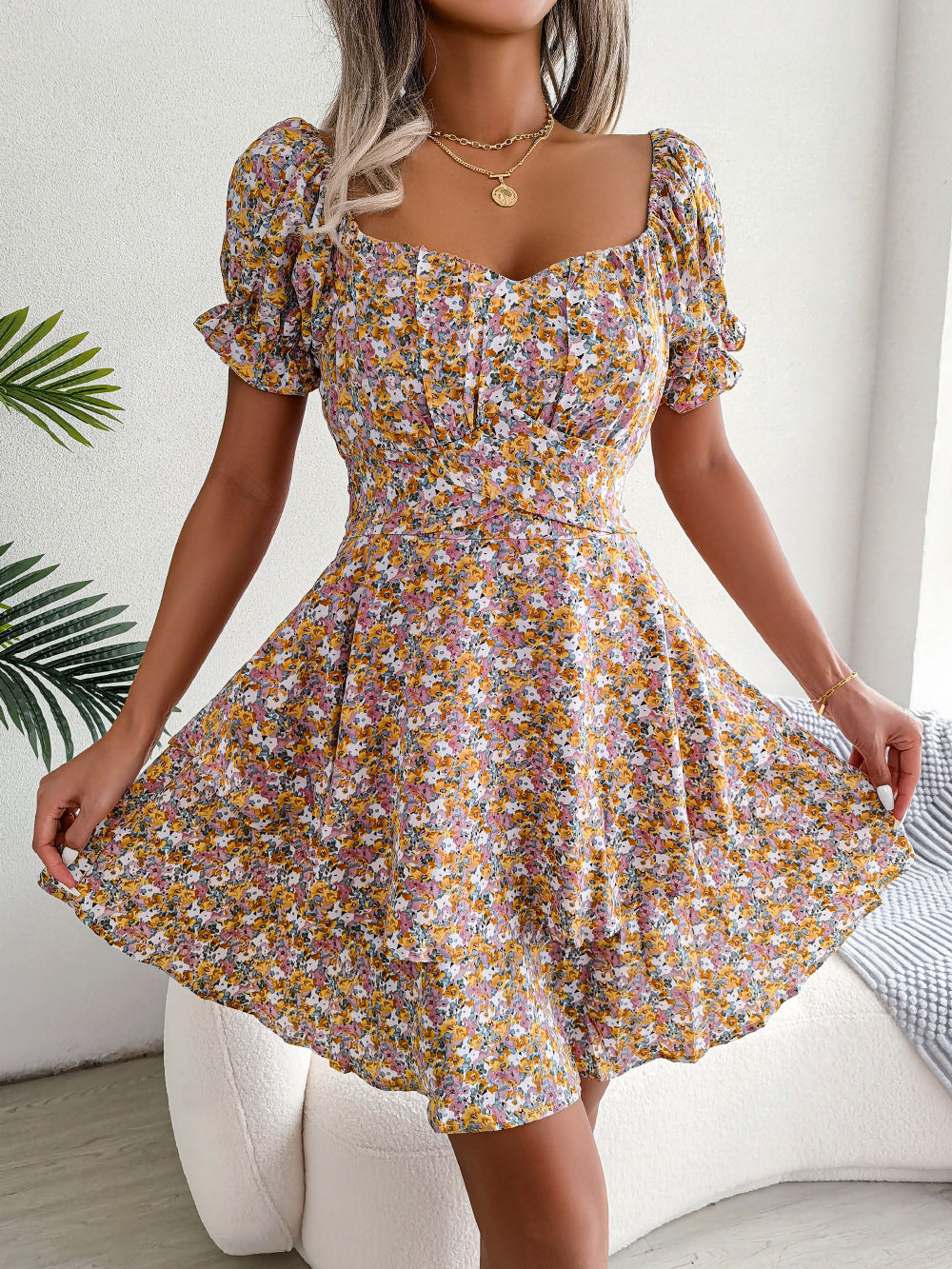 Women Mini Dress - Temperament Big Swing Loose Hem Flower Print Shirring Dress Up Short Sleeves High Waist Summer Dress Clothes