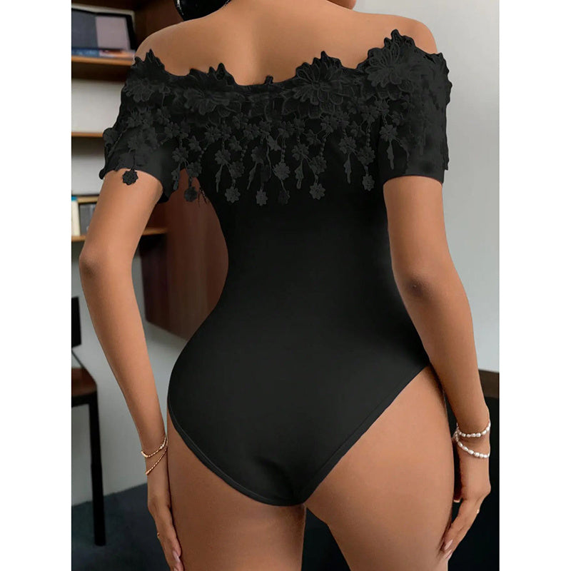 Sexy Lace design Body Suit - Women's Off Shoulder Short Sleeve Bodysuit Sexy Lace Bodycon Top