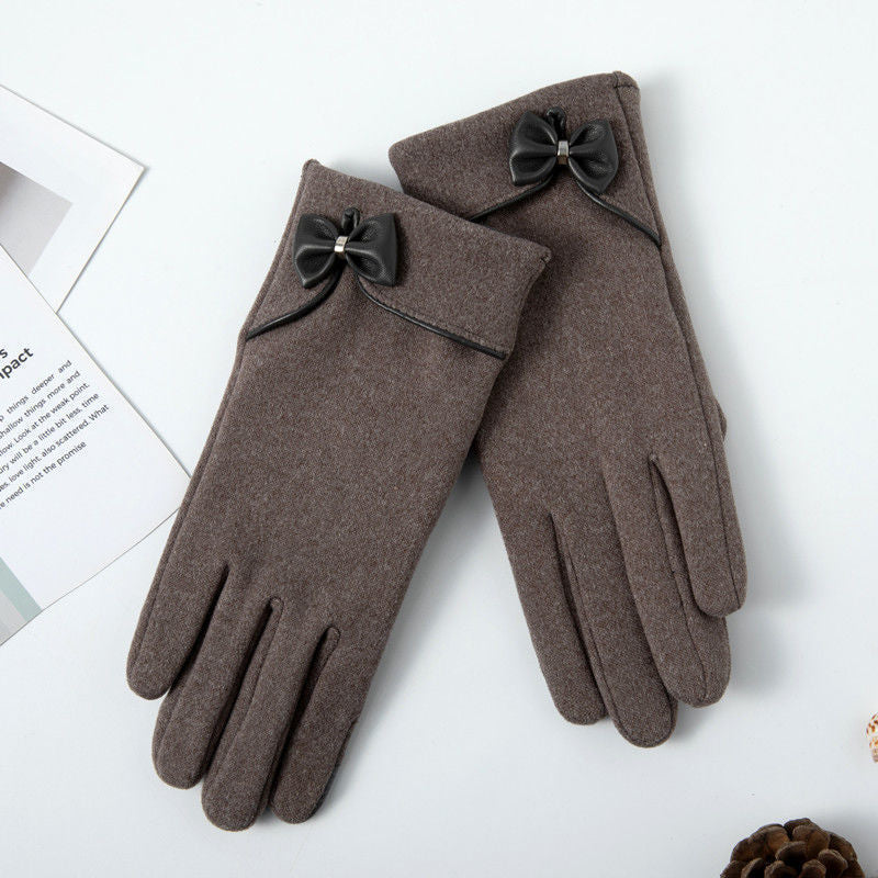 Fleece-Lined De Suede Bow Gloves - Touch Screen Warm Outdoor All-matching