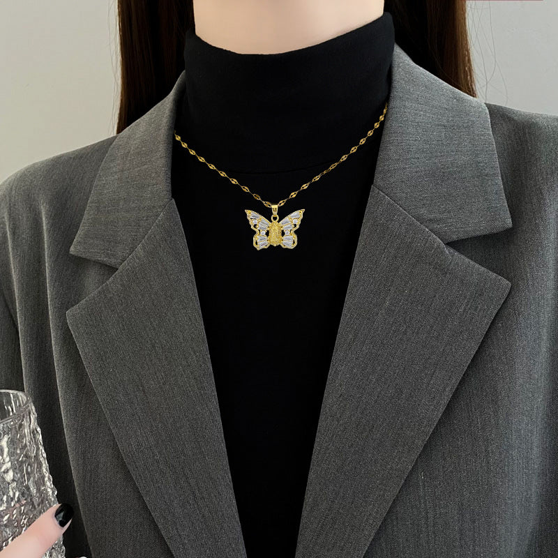 Titanium Steel Micro-Inlaid Portrait Butterfly Zircon Necklace