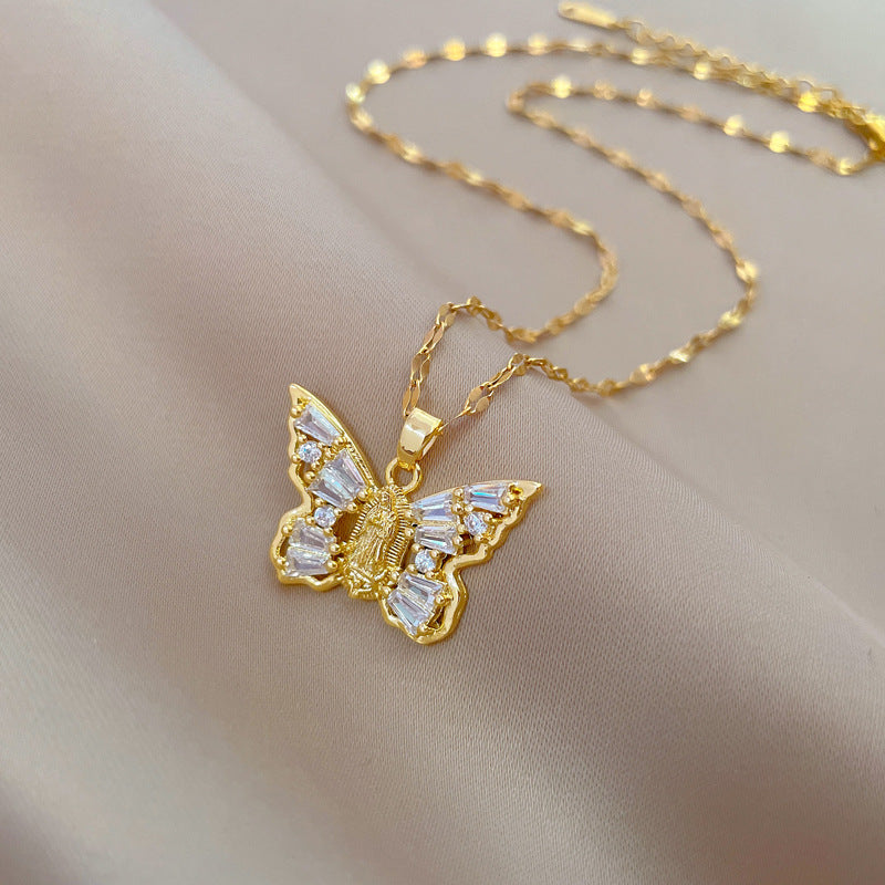 Titanium Steel Micro-Inlaid Portrait Butterfly Zircon Necklace