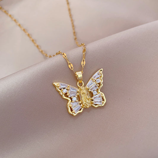 Titanium Steel Micro-Inlaid Portrait Butterfly Zircon Necklace