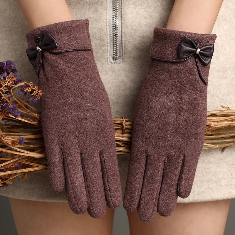 Fleece-Lined De Suede Bow Gloves - Touch Screen Warm Outdoor All-matching