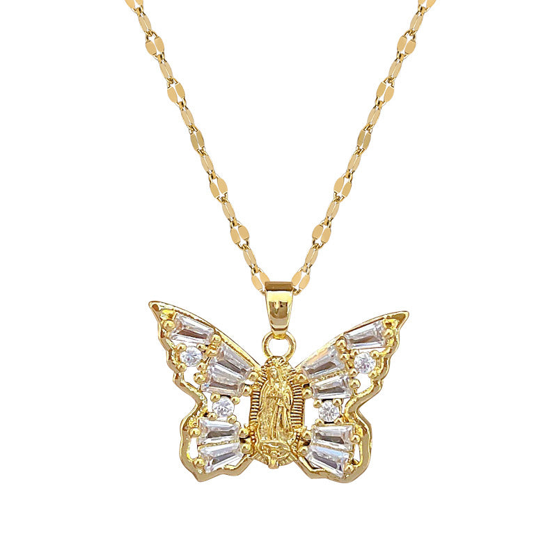 Titanium Steel Micro-Inlaid Portrait Butterfly Zircon Necklace
