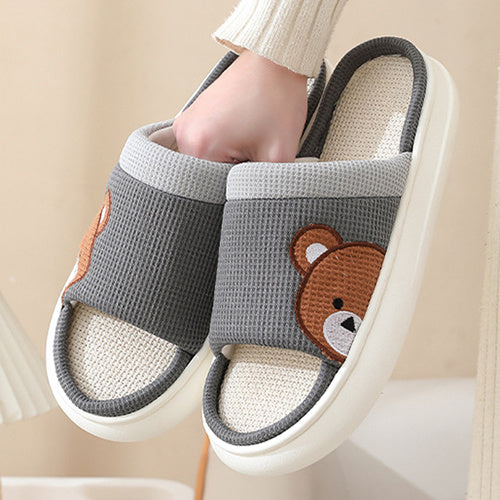 Cute Cartoon Bear Linen Slippers For Women -- Indoor Non-slip Sweat-absorbent Breathable Slip On Floor Bedroom Slipper House Shoes