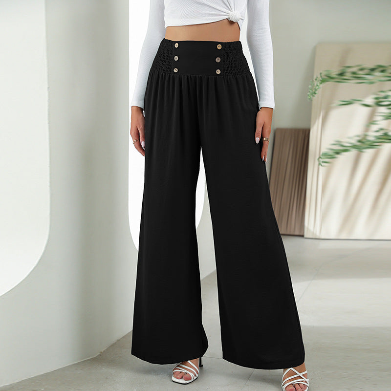 Elastic High Waist Wide Leg Pants - Casual Trousers For Women