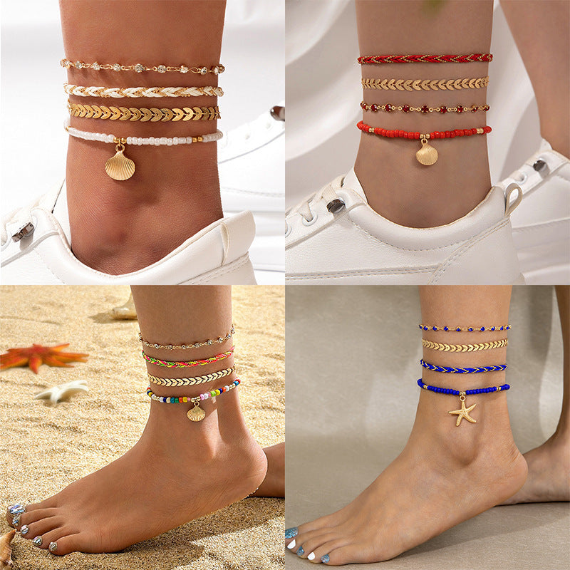 4pcs Set Bohemian Woven Rope Foot Chain-  For Men And Women Geometric Alloy Black Beads Dropping Oil Anklet Set Summer Fashion Jewelry