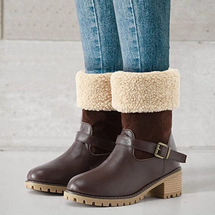 Fashion Boots With Buckle - Chunky Heel Shoes Warm Winter Round Toe Western Boots For Women