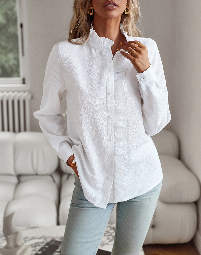Striped Long Sleeve Shirt - Fashion Ruffle Design Button Up Tops Casual Office Blouse Elegant Commuting Women's Clothing
