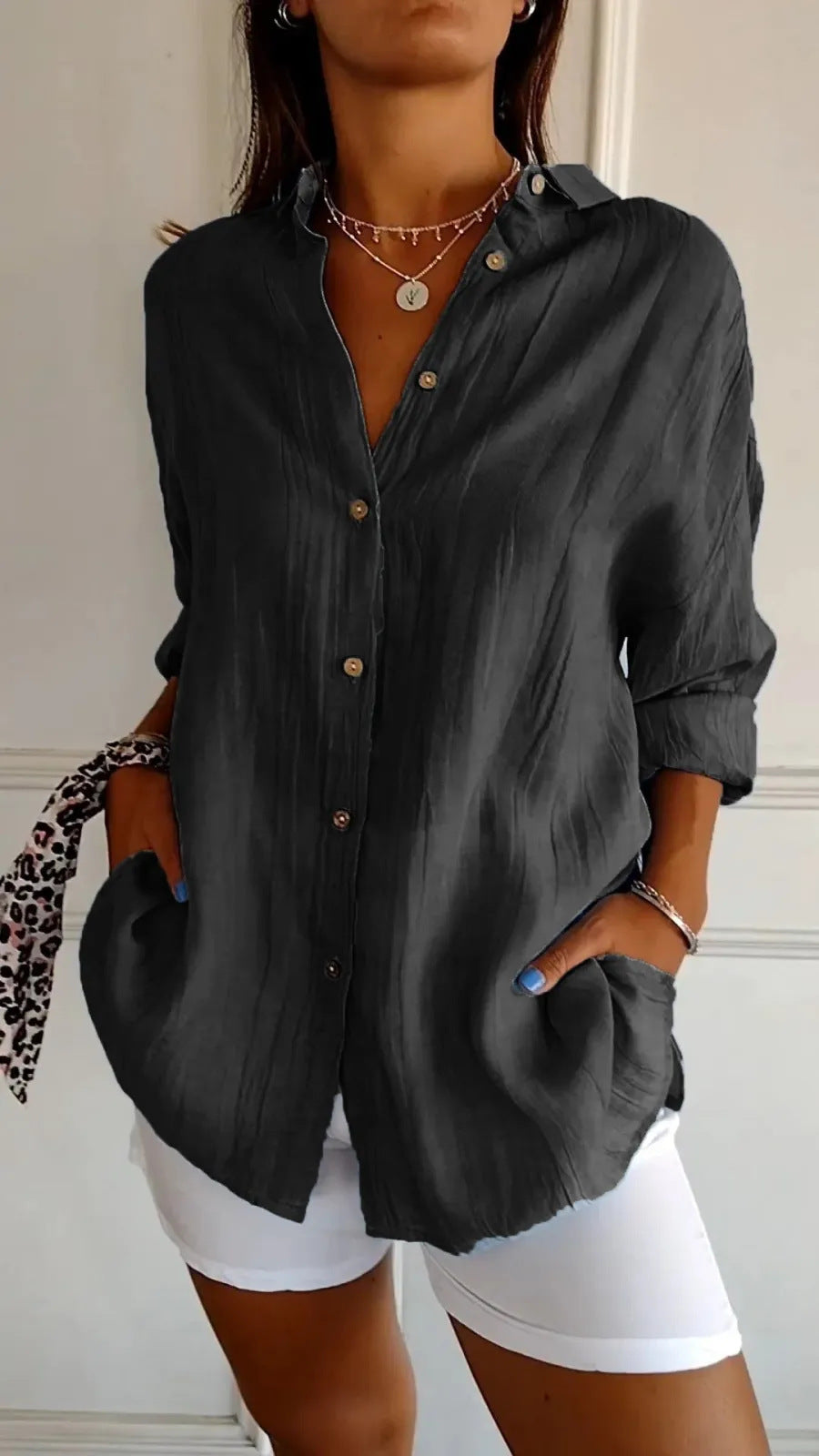 Lapel Long Sleeve Shirt - Women's Single-breasted Pleated Shirt
