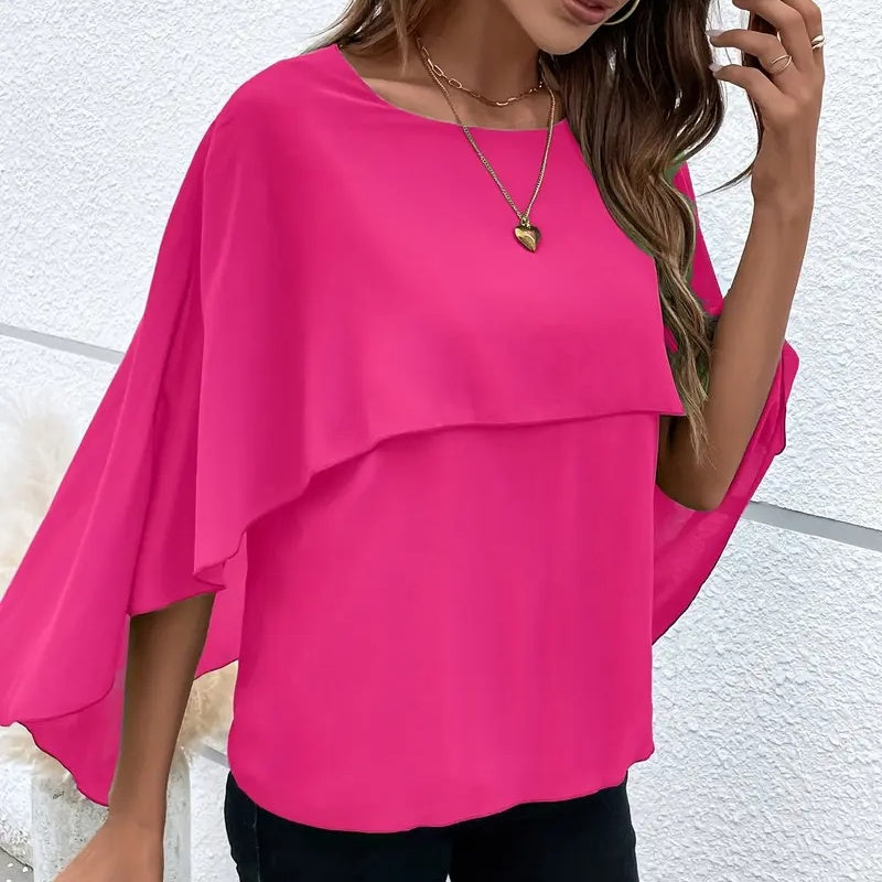 Women's Summer Chiffon Blouse - Casual Scoop Neck Cape Sleeve Tunic Tops Shirts