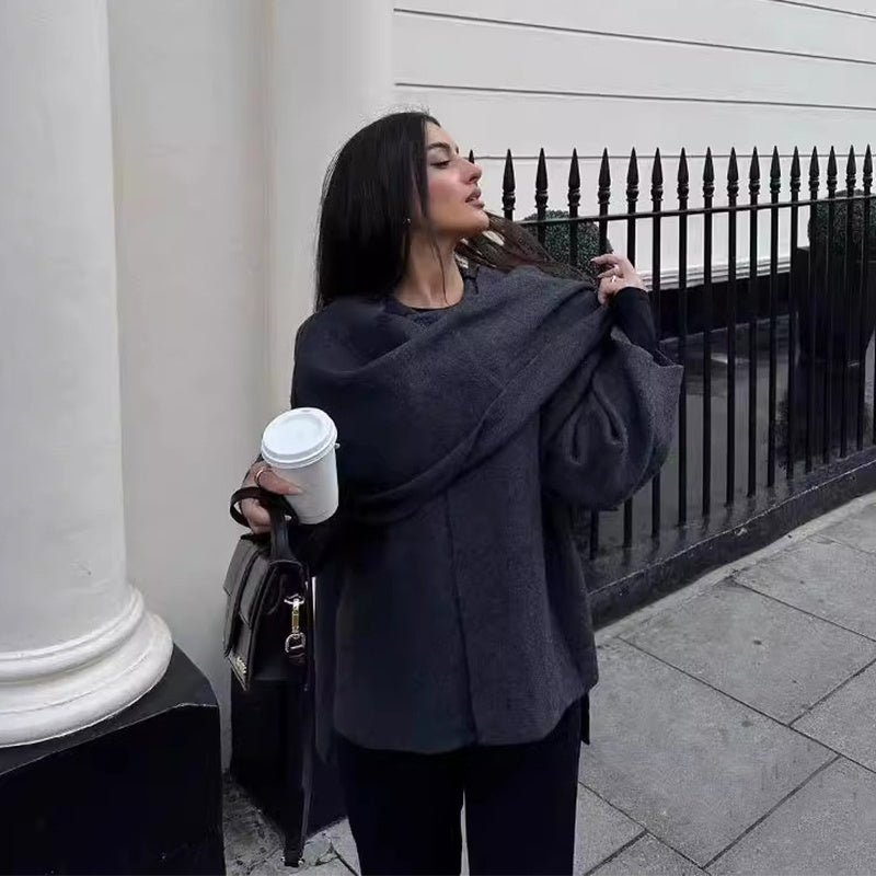 Solid Knitted Cardigan With Asymmetrical Scarf Design - Fashion Short Coat Women Overcoat Jacket Winter