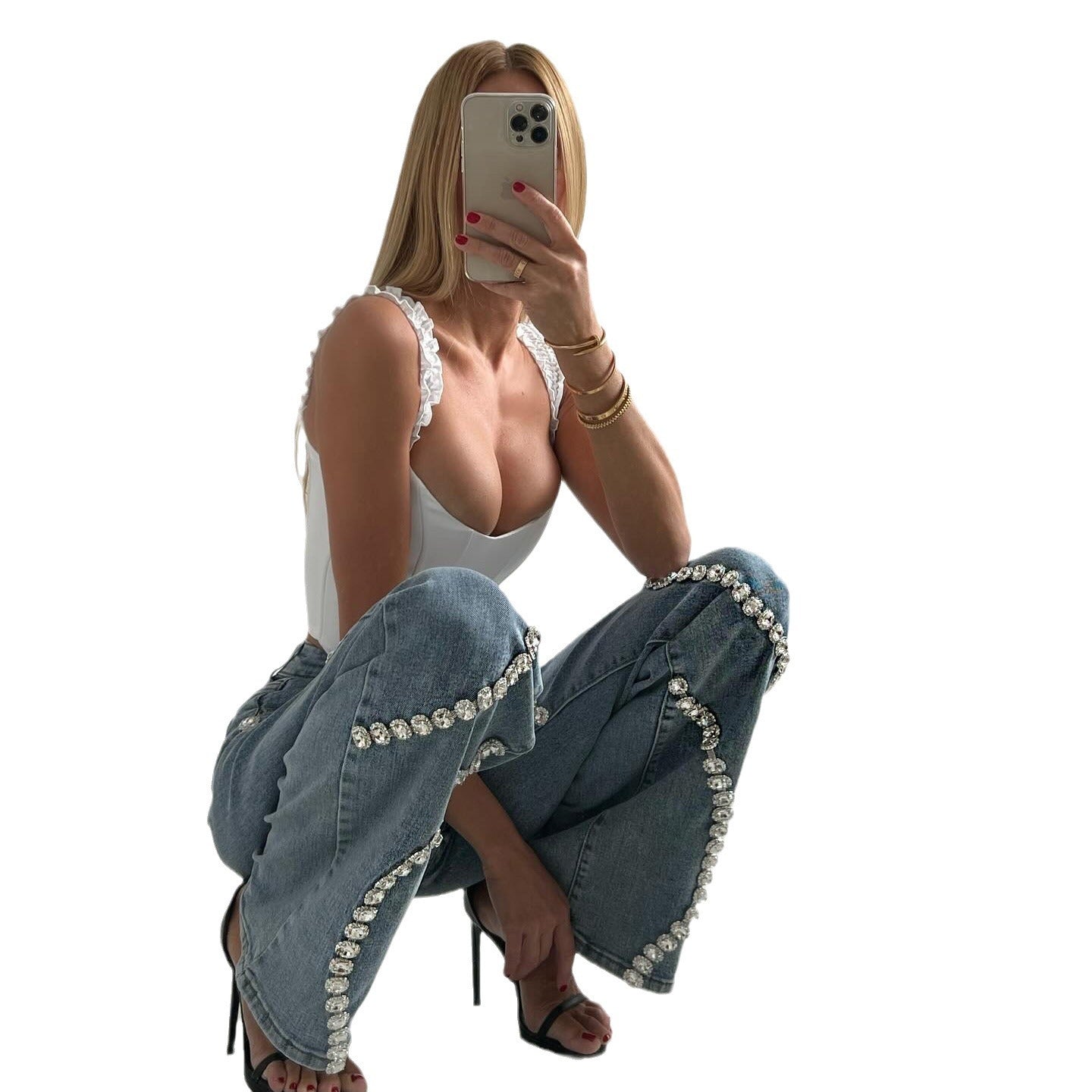 Fashionable Loose High Wait Straight Leg Jeans With A Rhine Stone - Casual Pants Denim Design For Women