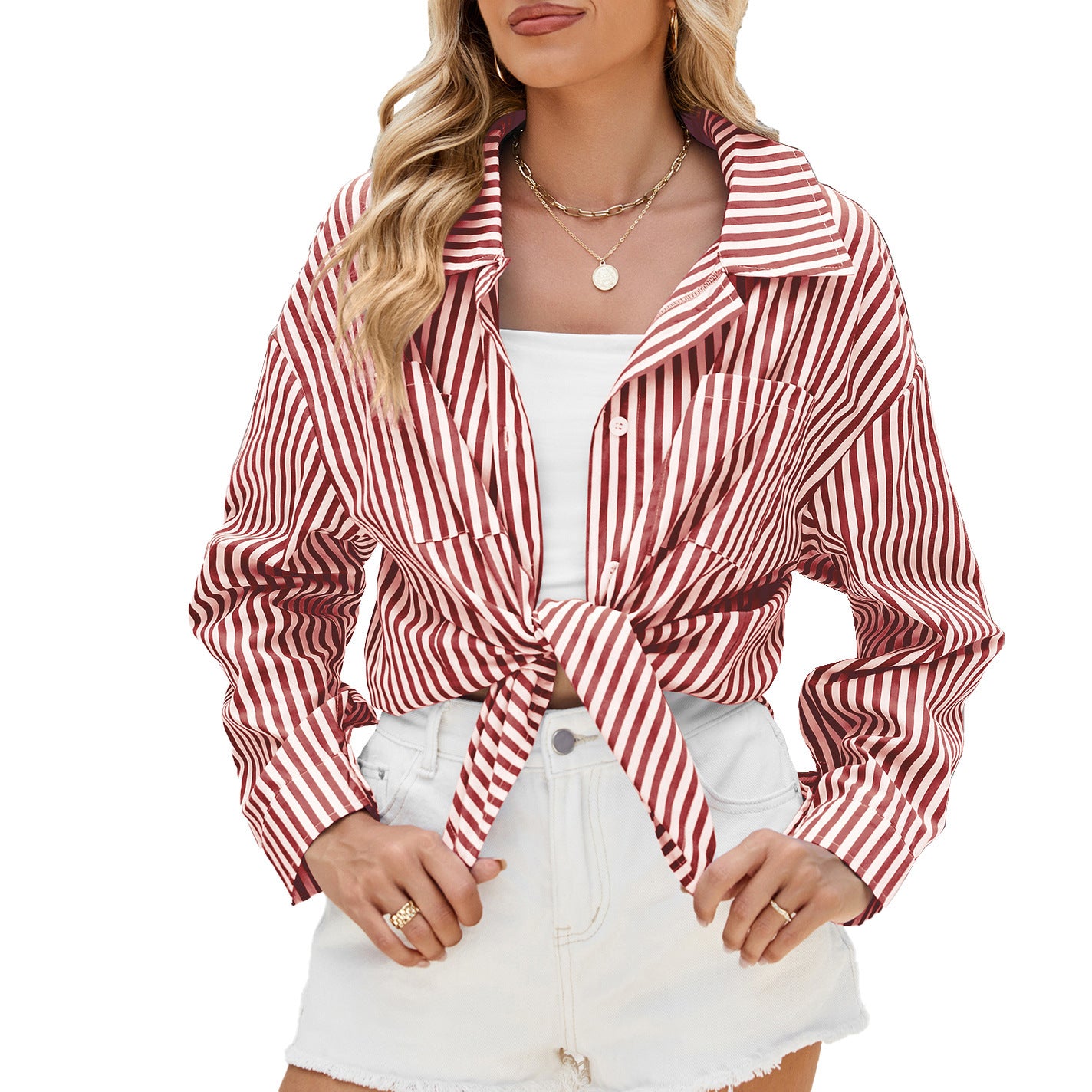 Fashion Striped Long Sleeve Shirt With Pockets - Casual Loose Single-breasted Button Top Women Clothing
