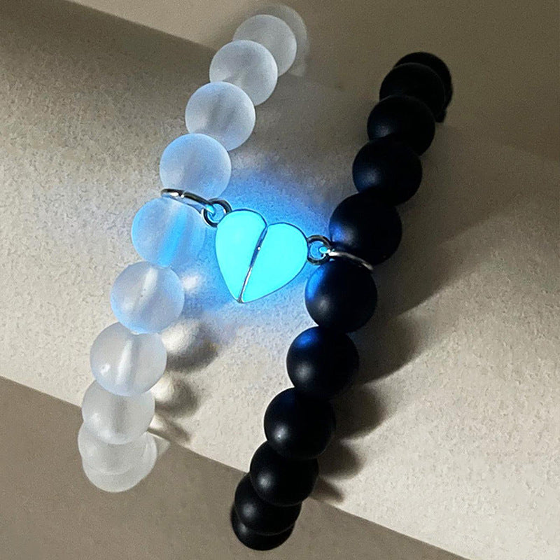 2pcs Handmade Crown Beaded Charms Bracelet - Luminous Heart Glow In The Dark Couple Bracelet For Lover Men Women Fluorescent Gift