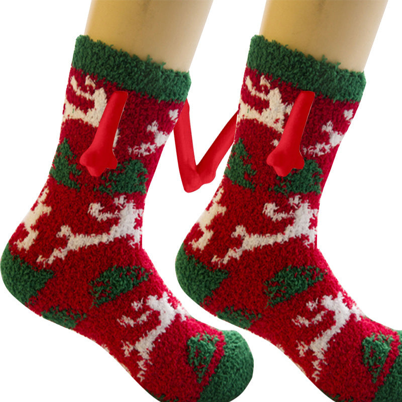 Christmas Supplies Magnetic Suction Hand In Hand Couple Socks - Coral Fleece Tube Socks Warm Slipper Bed Socks Winter Soft Warm Slipper