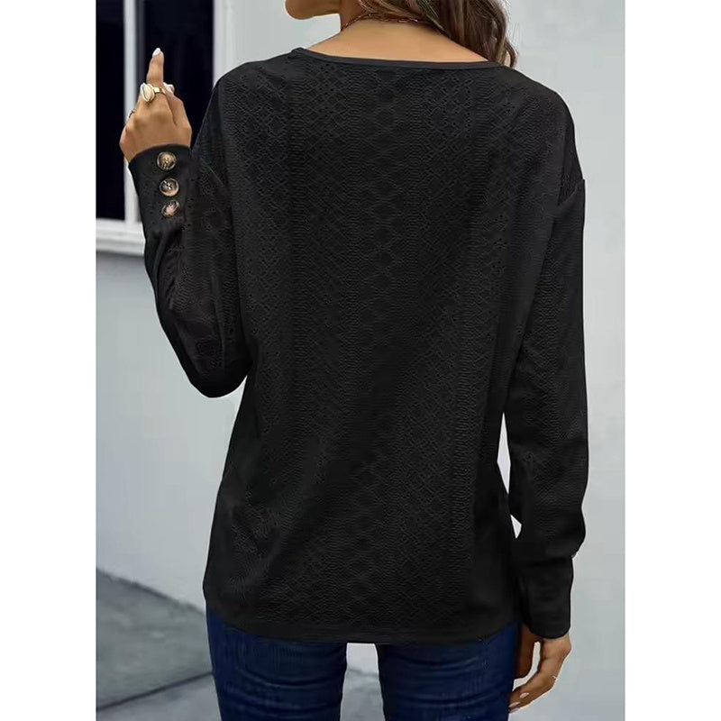 Cute Long Sleeve Eyelet Tops - V Neck Fall Shirts Casual Loose Blouses Trendy Clothes