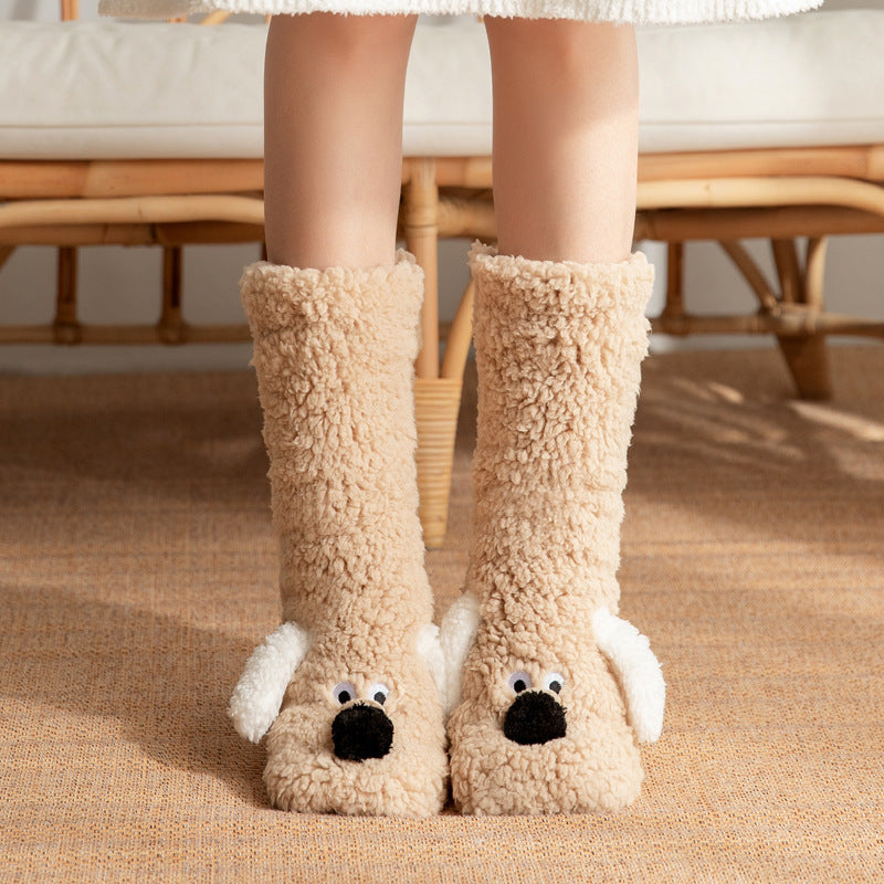 Cute Cartoon Dog Floor Socks - Winter Warm Non-slip Plush Socks For Women