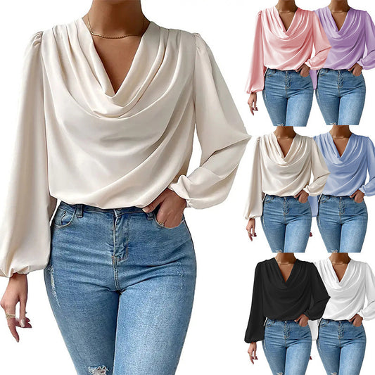 Chiffon Long Sleeved Shirt - Loose V-neck Top T-shirt Women's Clothing