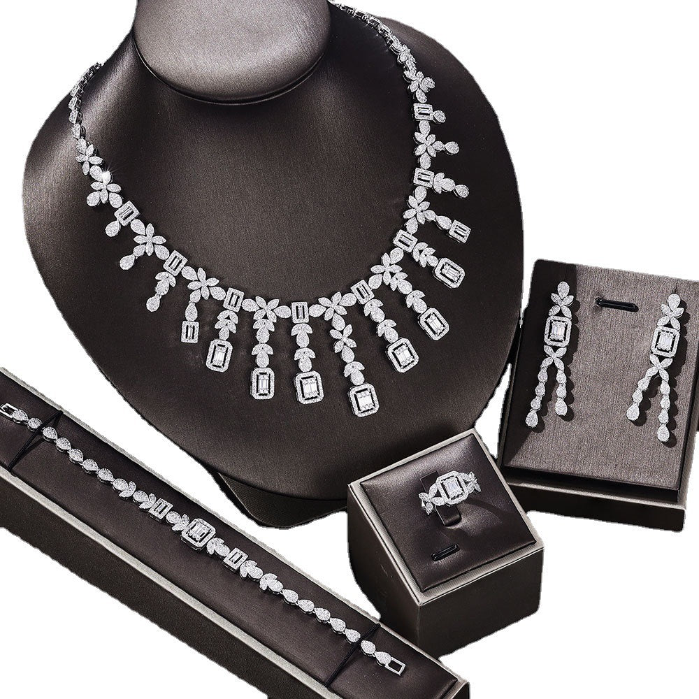 Zircon Necklace Earrings Bracelet Ring Set - 4 in 1 Wedding Set