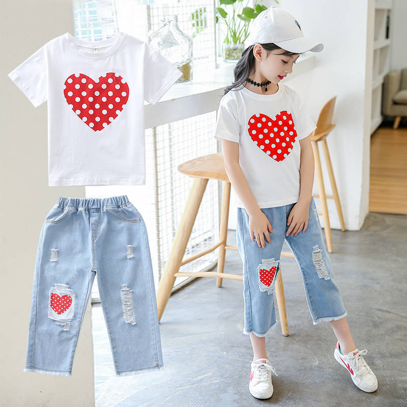 Girls White T-shirt & Ripped Jeans Kids Suit