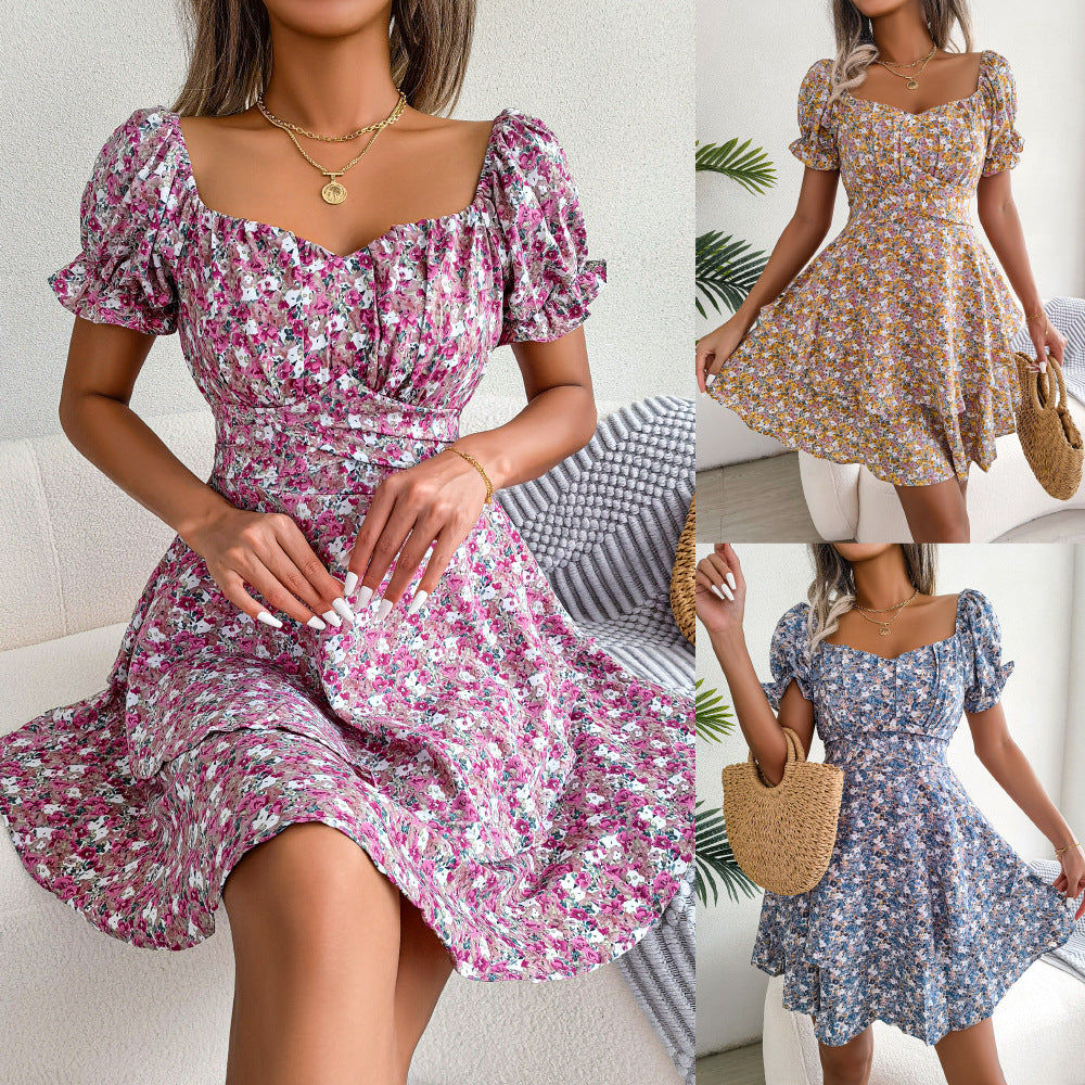 Women Mini Dress - Temperament Big Swing Loose Hem Flower Print Shirring Dress Up Short Sleeves High Waist Summer Dress Clothes