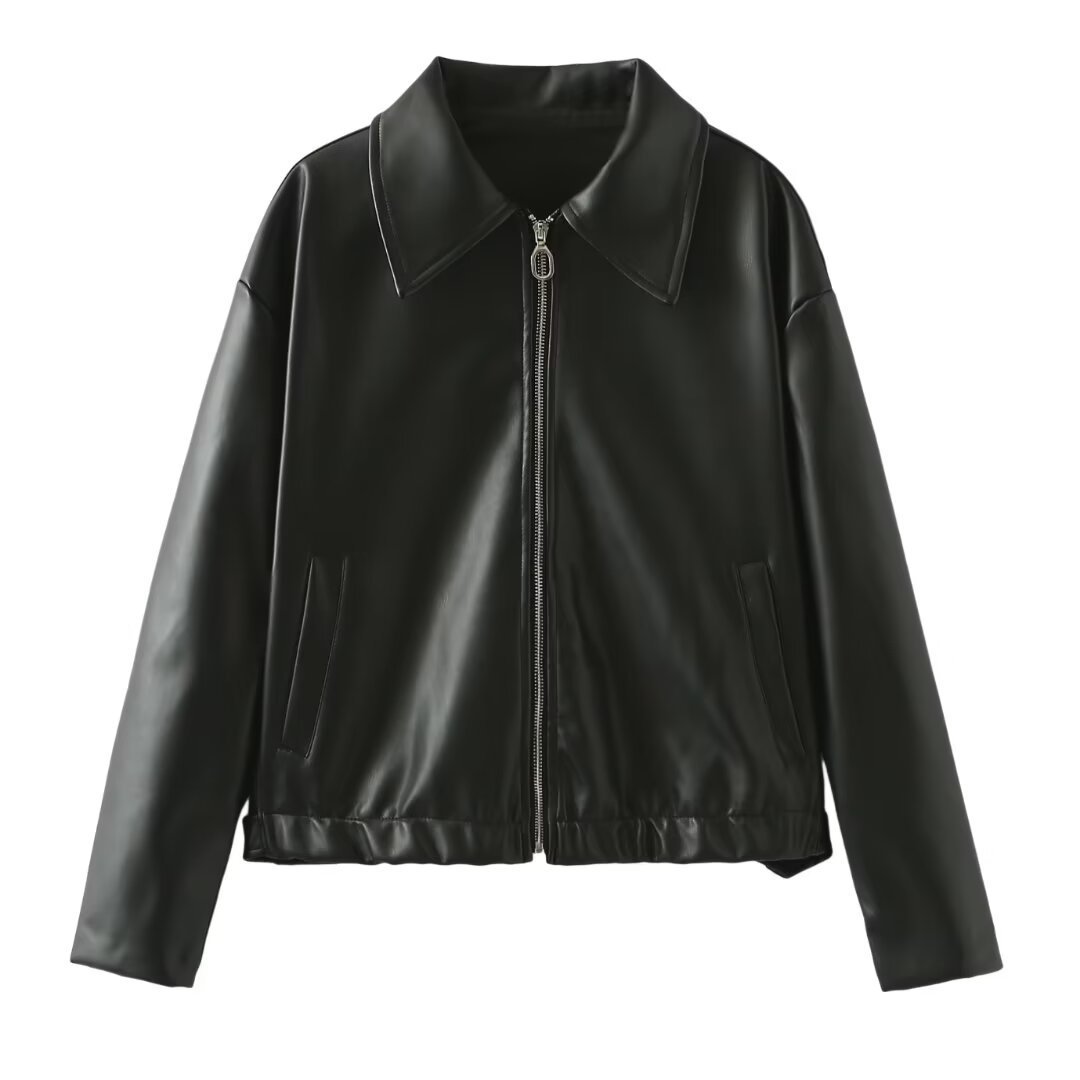 Lapel Zipper Leather Jacket - Fashion Casual Long Sleeve Leather Coat