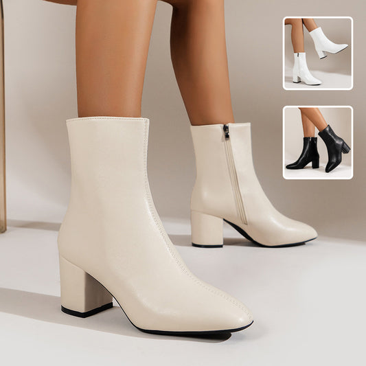 Chunky Heel Pointed Toe Boots With Side Zipper