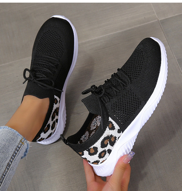 White Shoes - Women Leopard Print Lace-up Sneakers