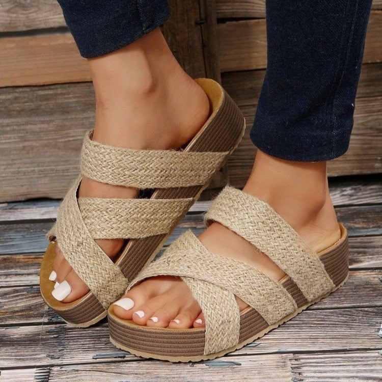 Woven Cross-strap Slippers - Summer Platform Sandals Women Flat Beach Shoes