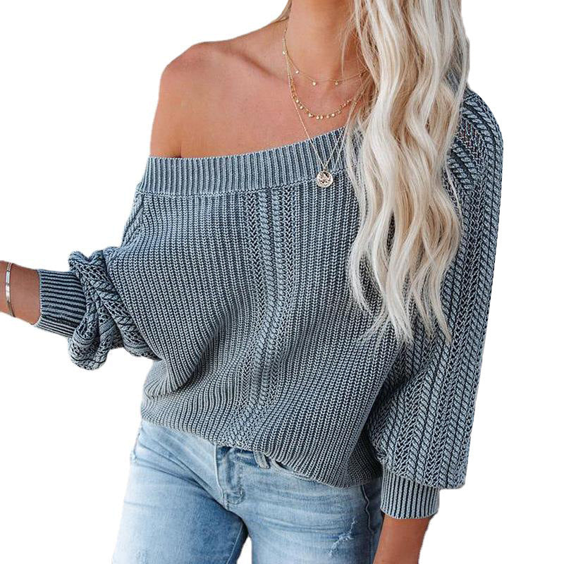 Solid Color Loose V-neck Lantern Long Sleeve Sweater