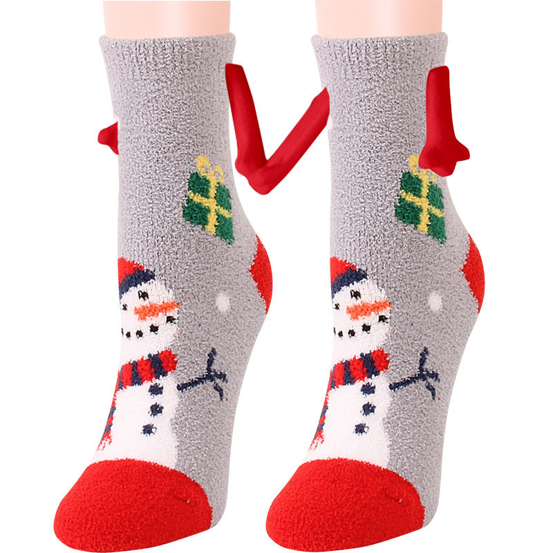 Christmas Supplies Magnetic Suction Hand In Hand Couple Socks - Coral Fleece Tube Socks Warm Slipper Bed Socks Winter Soft Warm Slipper