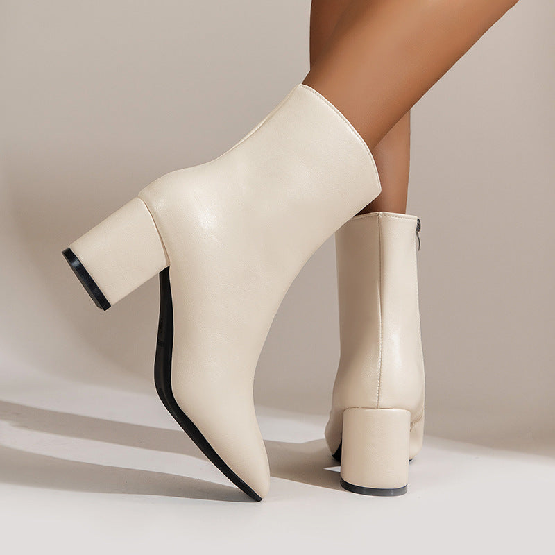 Chunky Heel Pointed Toe Boots With Side Zipper