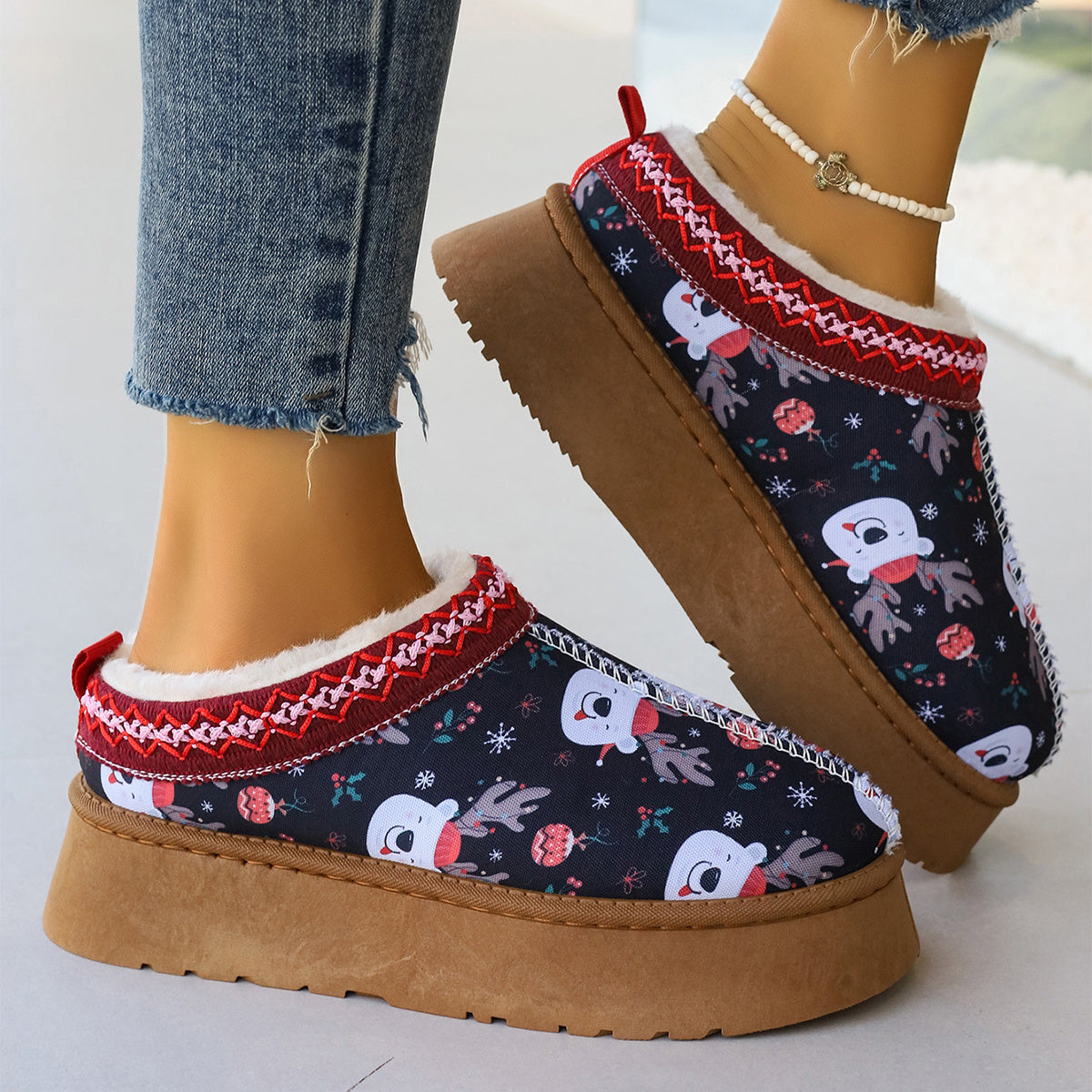 Women's Cartoon Christmas Print Ankle Boots - Casual Slip On Plush Lined Home Shoes Comfortable Winter Short Boots