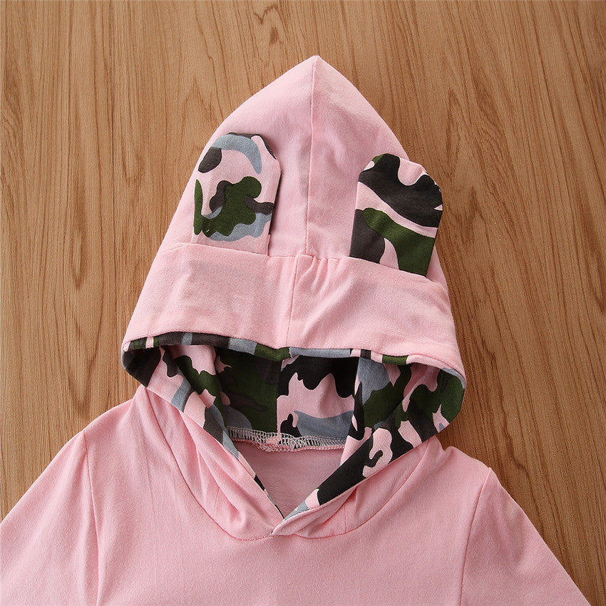 Girls Spring And Autumn Hooded Sweater Small Suit - Female Baby Camouflage 2 Piece Set