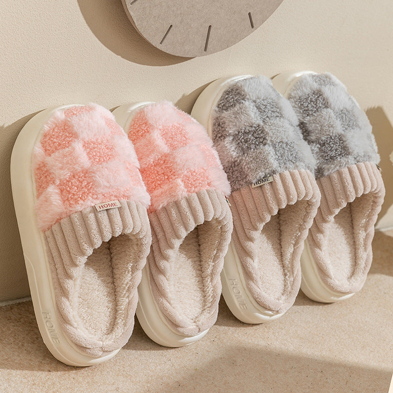 Plaid Plush Slippers - Women's Indoor Plush Home Slippers
