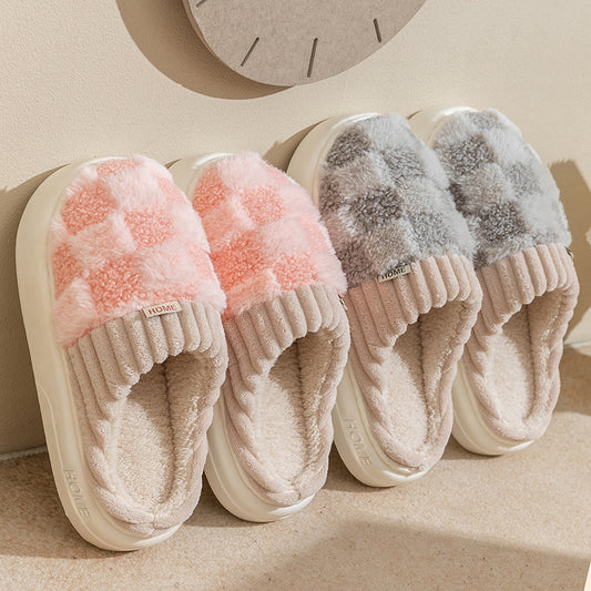 Plaid Plush Slippers - Women's Indoor Plush Home Slippers