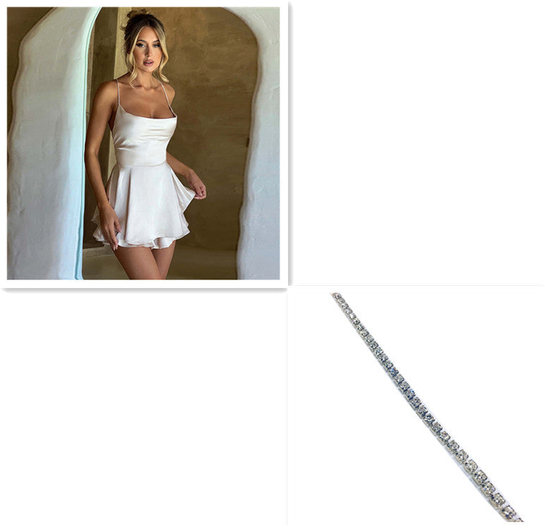 Elegant Suspender Slim Strap Satin Backless Lace Up A-Line Short Dress Lady
