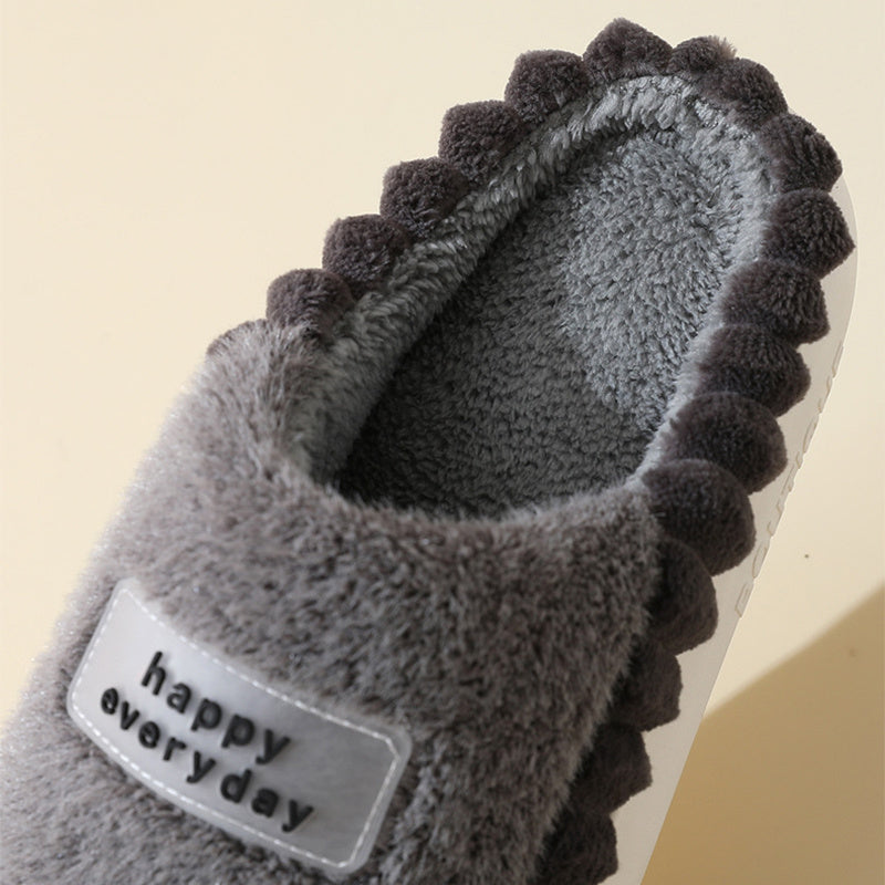 Home Slippers For Men -- Thick-soled, Color-block Letters Fluffy Fleece  House Shoes