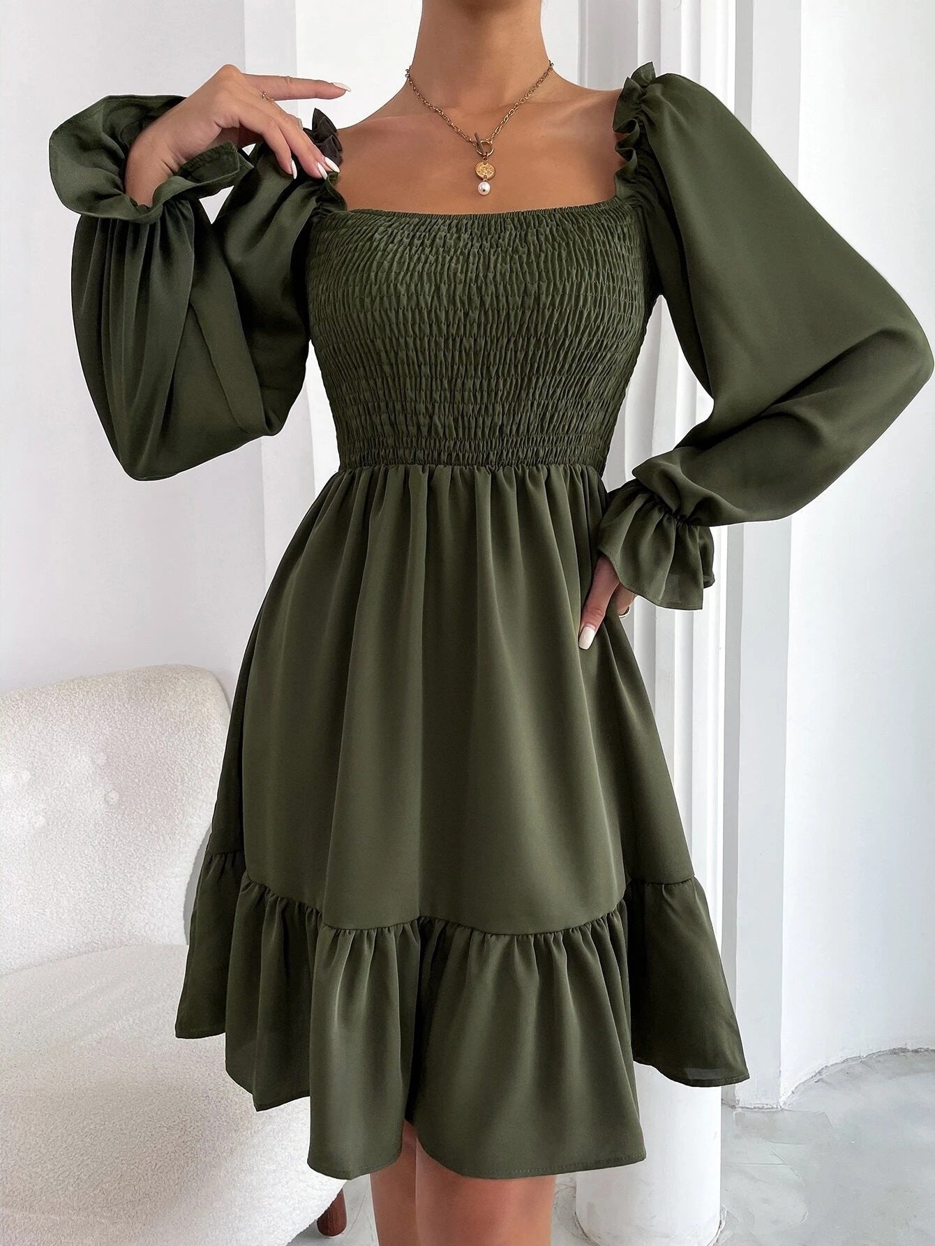 Flared Long Sleeve Dresses - Women Square Neck Ruffled Swing Dress