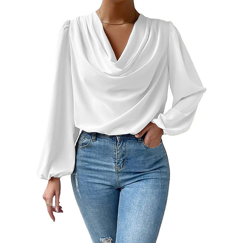 Chiffon Long Sleeved Shirt - Loose V-neck Top T-shirt Women's Clothing