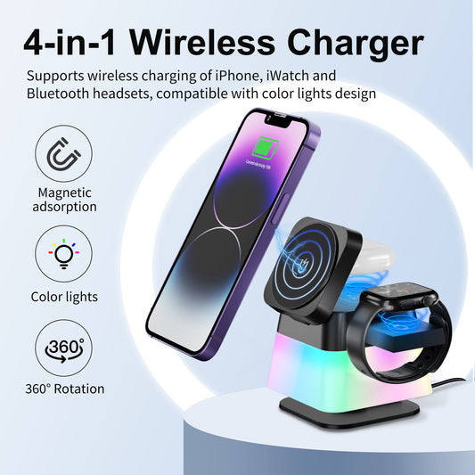 4 In 1 Rotatable Colorful Lighting Wireless Charger Stand For iPhones - 15 14 13 12 Pro Max 8 7 Holder Magnetic Fast Charging Station