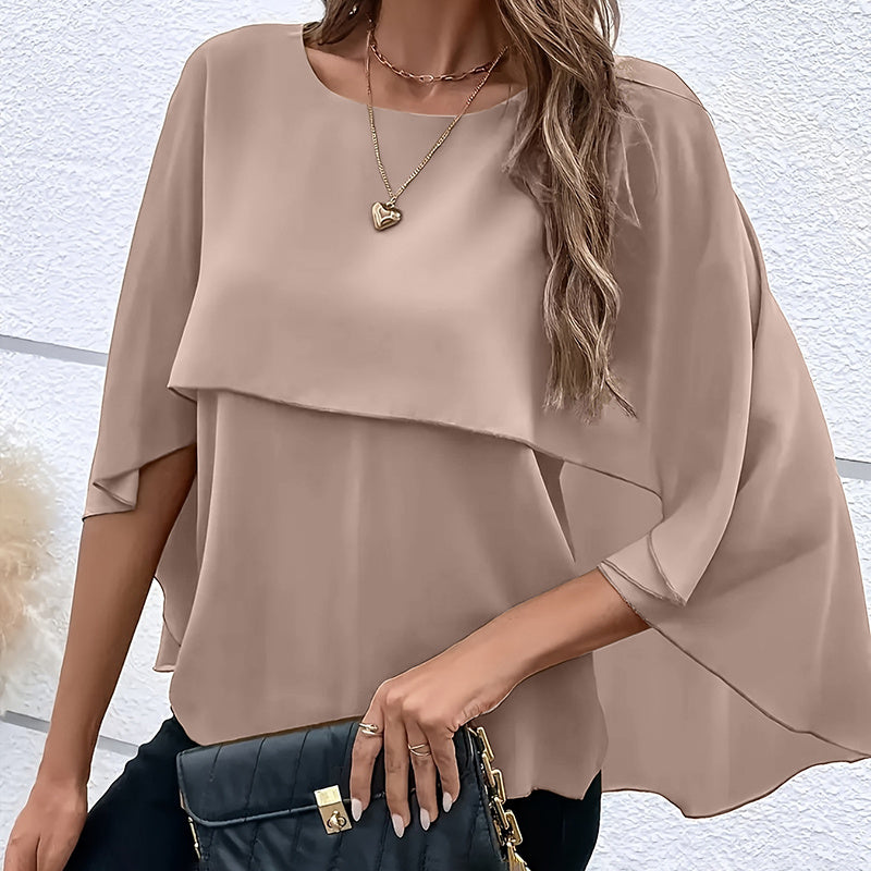 Women's Summer Chiffon Blouse - Casual Scoop Neck Cape Sleeve Tunic Tops Shirts