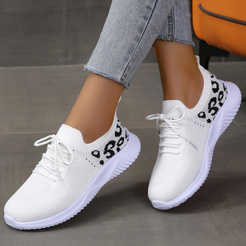 White Shoes - Women Leopard Print Lace-up Sneakers
